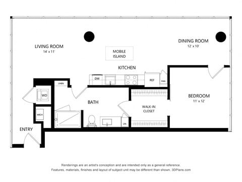 Floor plan for 1 bed, 1 bath, 907 sqft